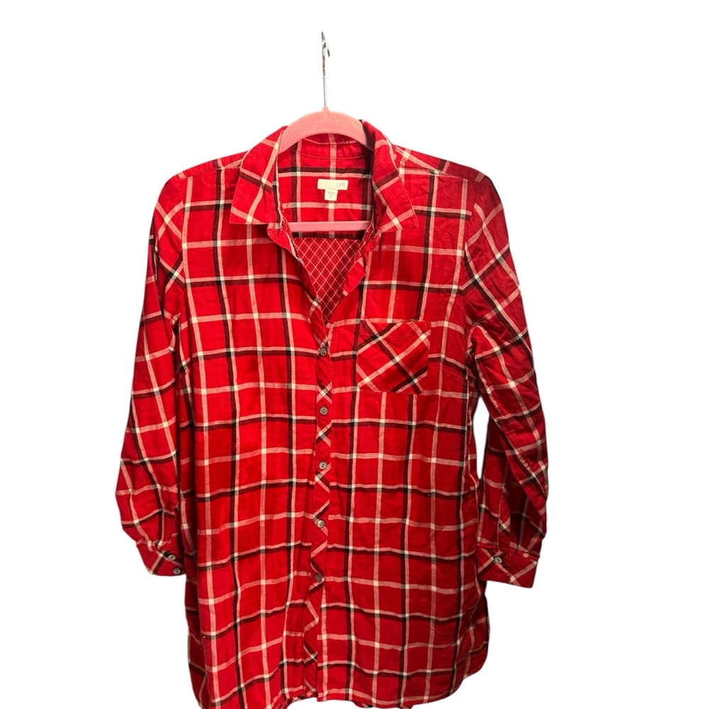 J. Jill Plaid Tunic Red Button Front Pockets Cotton Women’s Size Medium M